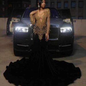 Black Long Prom Dresses 2024 Luxury Gold Bead Rhinestones Mermaid Sheer Sleeves Formal Birthday Evening Party Gala Gowns
