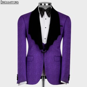Purple Jacquard Formal Wedding Suits Men’s Business Suit 3 Pieces (Jacket+Vest+Pants) Man Tuxedo Groom Wear