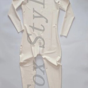 Female’s full cover latex rubber Teddies zentai high quality white catsuit with hood and feet rear zip in white