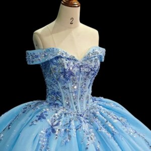 Customized Water blue V-neck Off Shoulder Quinceanera Dress sequin applique flower vestidos de 15 Quinceanera 