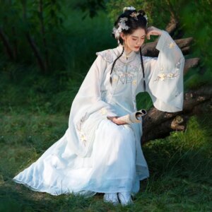 New Ancient Chinese Clothing Women’s Open-Cut Stand-up Collar Long Shirt Waist Pleated Skirt Cloud Shoulder Autumn