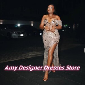 Shinning Off The Shoulder Prom Dress 2025 South African Exquisite Sequin Crystal Party Dress High Split Evening Gowns Customized