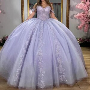 Light Lilac Shiny Off The Shoulder Ball Gown Quinceanera Dresses Applique Lace Beads Tull Party Birthday Vestidos De 15 Años Swe