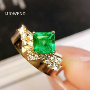 LUOWEND 100% 18K Yellow Gold Rings Vintage Style Luxury Diamond Natural Emerald Engagement Ring for Women High Wedding Jewelry