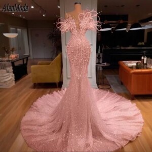 Designer Pink Evening Dress For Women Wedding Party Gowns Shiny Pearls Dubai Prom Dresses 2025 Vestido De Casamen Customized
