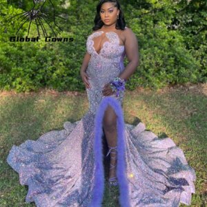 Sparkly Purple Prom Dresses 2025 Luxury Crystal Diamond Sequin Party Gowns For Black Girl Feathers Evening Dress Customized