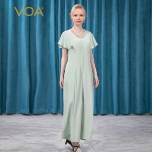 VOA 30m/m High Quality Silk V-neck Wooden Ear Lotus Leaf Sleeve Single-breasted Loose Summer Refreshing Wide-leg Jumpsuit KE165
