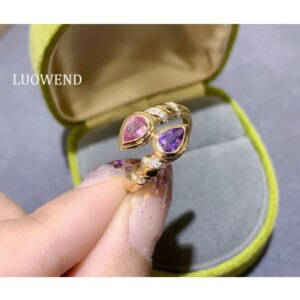 LUOWEND 100% 18K Yellow Gold Rings French Fashion Style Shiny Diamond Natural Color Sapphire Ring for Women High Party Jewelry