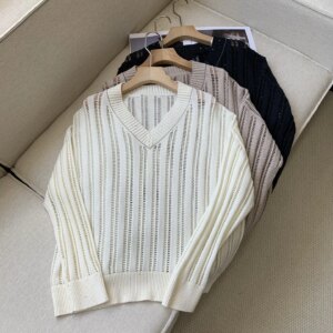 Hollow Out Women’s Sequin Sweater Autumn 100% Wool V-Neck Long Sleeve Loose Ladies Knitted Pullover
