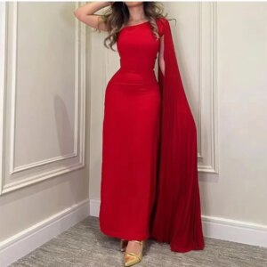 Customized Simple Classical Chiffon Evening Dresses Cape Sheath Ankle Length Prom Dress One-Shoulder Ruched Gowns High Quality S