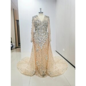 Exquisite Crystal Evening Dresses Luxury V-Neck Beads Sequined Mermaid Gowns Fashion Sweep Train Women Prom Party Dresses