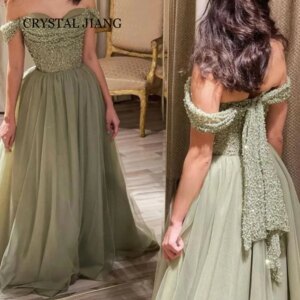 Elegant Long Off the Shoulder Beaded Satin Prom Dresses Short Sleeves A Line Sweep Train فساتين للمناسبات الرسمية
