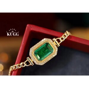 KUGG 100% 18K Yellow Gold Bracelet Cuban Chain Luxury Design Shiny Diamond Natural Emerald Bracelet for Women Senior Banquet