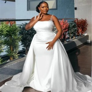 Customized Mermaid 2 In 1 Detachable Train Wedding Dress Plus Size Square Collar Beaded Pleated Bridal Dress Vestio De Novias