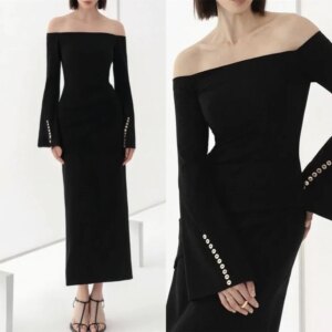 Customized  Temperament Black Jersey Evening Dress High Quality Strapless Off the Shoulder Long Sleeves Bespoke Occasio