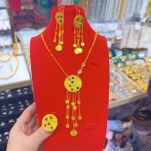 Dubai European New 24K Gold Plated Necklace, Earrings, Rings, Romantic Wedding Party Gift Jewelry Set for Lovers YY10577