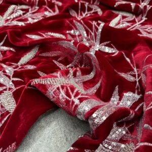 Wine red rain silk velvet heavy embroidery sequin beading design fabric cheongsam coat