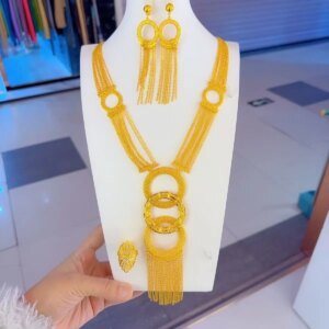 Dubai New 24K Gold Plated Necklace, Earrings, Rings for Women’s Romantic Wedding Parties, Jewelry Set for Mothers YY10550