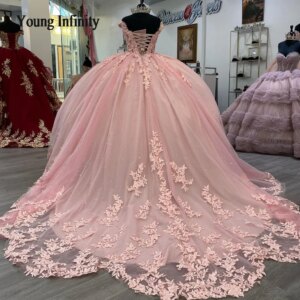 Quinceanera Dresses Ball Gown Flower Shap Train Lace Applique Princess Sweet 15 16 Birthday Party Gown vestidos de 15 anos Gala