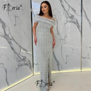 Long Elegant Silver Evening Dresses Beaded Appliques Leaves Formal Occasion Party Gowns Wedding Ceremony Wear vestidos de noite