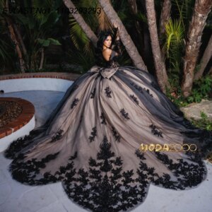 EVLAST Customized Glitter Black Quinceanera Dress Ball Gown Lace Applique Beading Bow Corset Sweet 16 Vestido De 15 Anos E1Q327