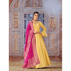 Yellow Haldi Function Wear Bridal Yellow Color Flared Gown with Pink Dupata Suit