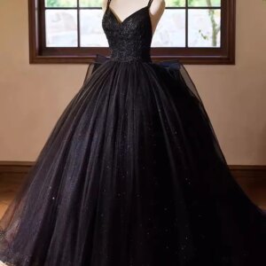 Customized Real Picture Black Prom Dresses V Neck Lace Tulle Ball Gown Party Occasion Dress Vestido De xv Quinceanera Sweet 15