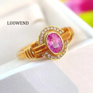 LUOWEND 100% 18K Yellow Gold Rings Fashion Design Shiny Diamond Natural Padparadscha Sapphire Ring for Women High Party Jewelry