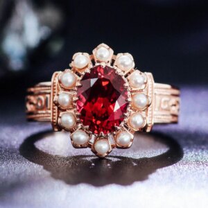 Provence 18K/14K/10K Solid Gold Oval Cut Lab Grown Ruby With Natural Freshwater Pearls Halo Ring For Woman Party Customized Gift