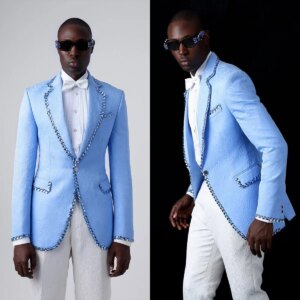 Customized Sky Blue Groom Wedding Tuxedos Jacquard Mens Jacket Sets Formal Business Prom Holiday Wear 2 Pieces