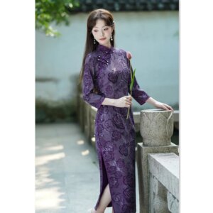 Retro Chinese Style Long 3/4 Sleeves Cheongsam Qi Pao Winter New Middle-Aged and Elderly Women plus Size Dress