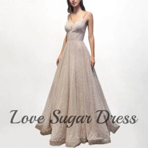 Sparkly Tulle A Line Evening Dresses For Women Spaghetti Strap V Neck Prom Dress Long Formal Party Gowns платье вечернее
