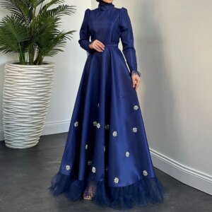 Customized A-Line Prom Dresses Floor-length High-Neck Full Sleeve Evening Gown Fashion Crystal Simple Draped Casual Party Gown