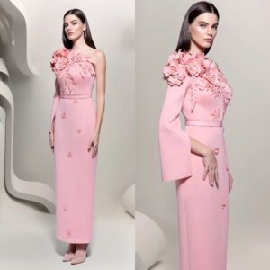 Customized Elegant Fashion One-shoulder Evening Flower Satin Anke Length Custom es