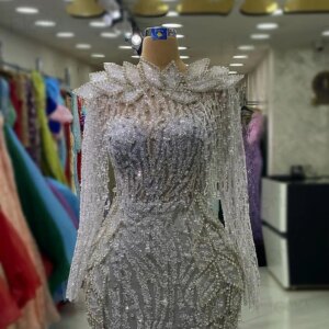 Fashion Silver Stones Party Dress Boat Neck Long Sleeve Luxury Celebrity Gowns For Dinner Customized Dubai Evening Prom Dresses