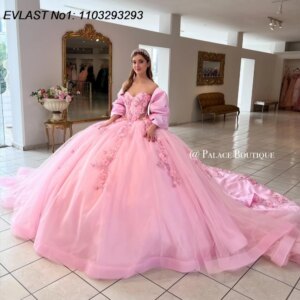 EVLAST Customized Glitter Pink Quinceanera Dress Ball Gown 3D Floral Applique Beading Cape Sweet 16 Vestido De 15 Anos E1Q462