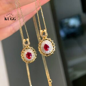 KUGG 100% 18K Yellow Gold Necklace Shiny Diamond Natural Ruby Necklace Fashion Round Shape High Gemstone Jewelry for Women