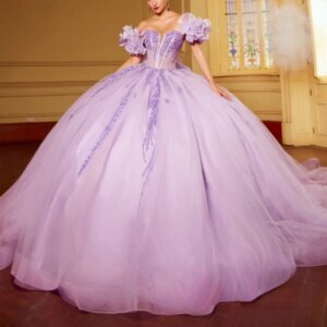 Lilac Shiny Off Shoulder Quinceanera Dresses Applique Lace Beads Tull Party Birthday Sweet 16 Dress Vestidos 15 anos
