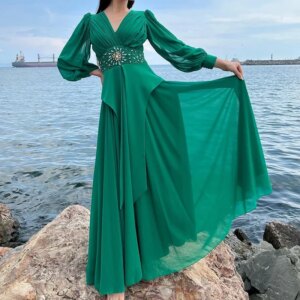 CustomizedV Neck Chiffon Long Sleeves Straight Floor Length Zipper Back Crystal Elegant Evening Dress For Formal Occasion