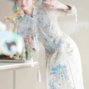 Blue Xiuhe Coat + Skirt Singapore Malaysia Thailand Chinese Bridal Light Color Wedding Attire Premium Ceremony Toast Gown CT023
