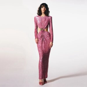 Glitter Blush Pink Sequined Evening Dresses Sexy Backless Full Sleeves Formal Party Dress Custom Made Prom Gowns