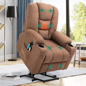 Power Lift Chair Electric Recliner for Elderly Heated Vibration Massage Fabric Recliner Chair with 2 Remote Controls, Cup Holde