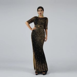 Luxury Black Evening Dress For Women Golden Beaded Tassels Rhinestone Short Sleeve Mermaid Gown Celebrities Party Prom Plus Size