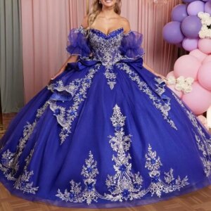 Customized Blue decal Quinceanera Dresses Ball Gown Off Shoulder Lace Applique Flower Corset Party Birthday Sweet 16 Vestidos