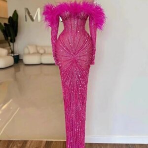 Customized Fuchsia Beading Evening Dress Formal Wear Long Sleeve Off Shoulder Feather Crystal Women Prom Party Gown Pageant Robe