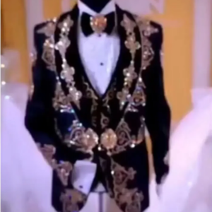 Black Men’s Suits Fashion 2 Pieces Sets Jacket Pants Gold Sequined Appliques Groom Prom Blazers Decoration Tuxedos Men
