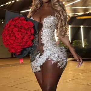 Sequin Crystal Short Prom Dress Sheer Neck Giltter Lace Black Girl Mini Cocktail Party Birthday Evening Dress Vestido Customized
