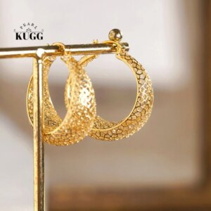 KUGG 100% 18K Yellow Gold Earrings Luxury Style Vintage Palace Design Hollow out Drop Earrings for Women High Party Jewelry