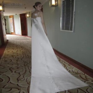 Spaghetti Sheath Wedding Dress With Long Train Sewing With Small Bow ,Flowers Detail ,Bridal Gowns DW1018