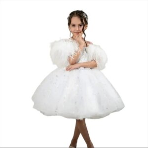 White Flower Girl Dresses Feathers Cap Sleeve Sequined Vestido De Novia Cute Tutu Skirt Kids Party Pageant Dress